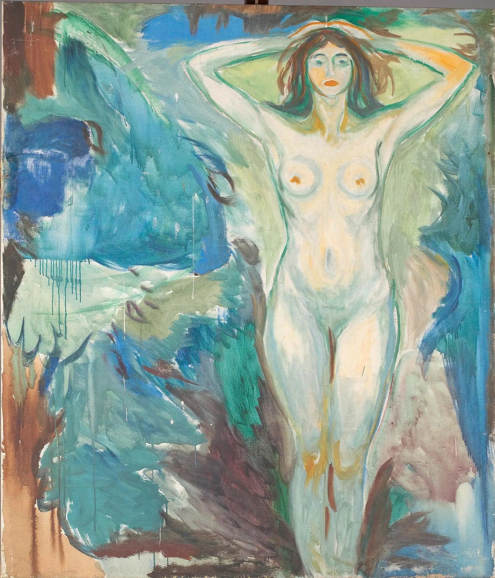 Nude Standing on a Blue Background