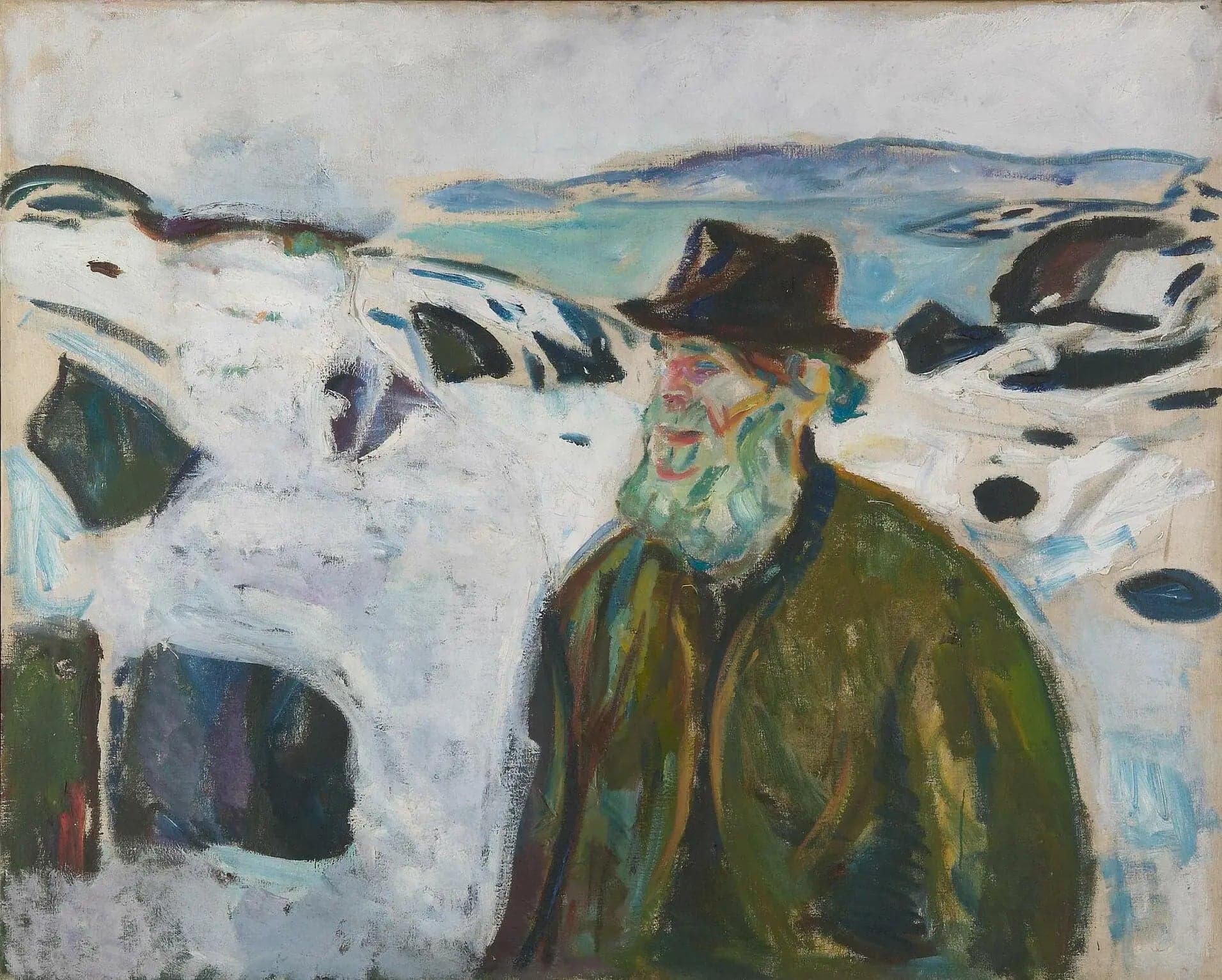 Old Fisherman on a Snow-Covered Coast