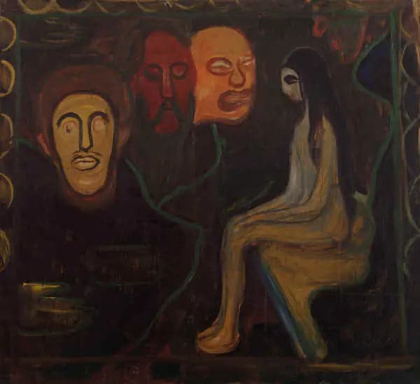 Sitting Nude and Three Male Heads