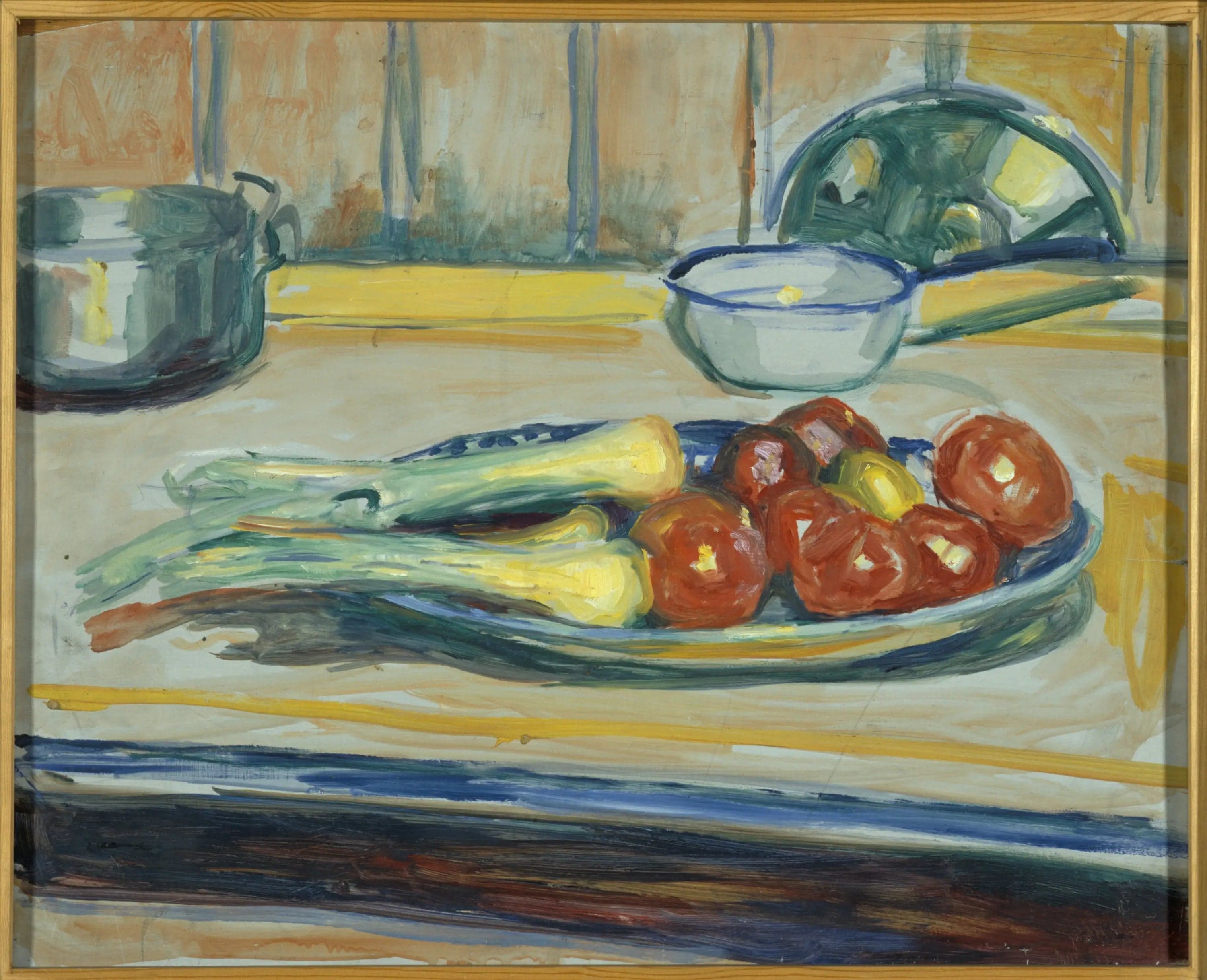 Still Life with Tomatoes, Leeks, and Casseroles
