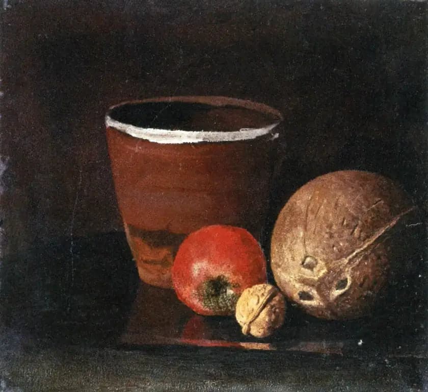 Still Life with a Pot, an Apple, a Walnut, and a Coconut