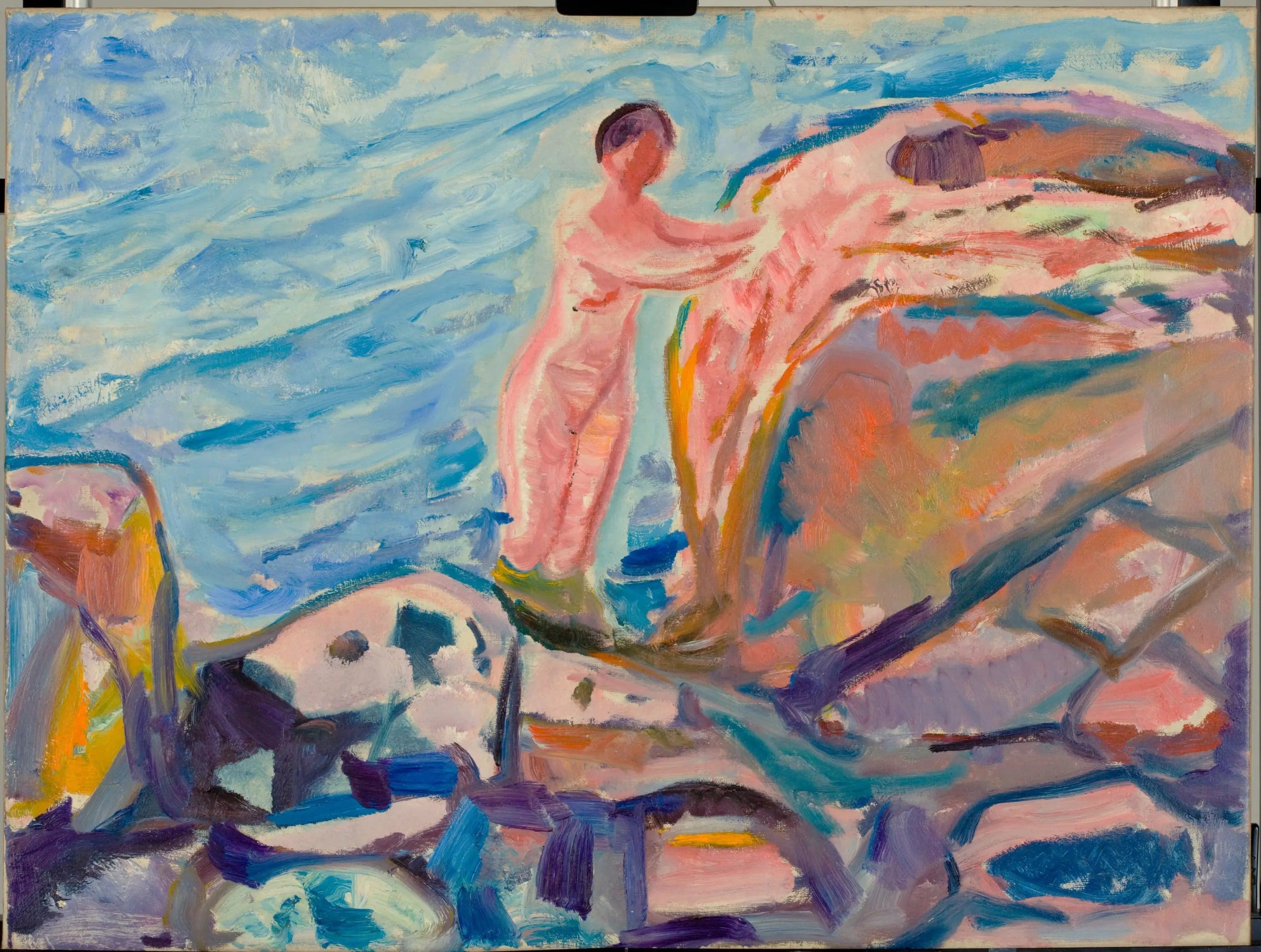 Woman Bathing Near a Red Cliff