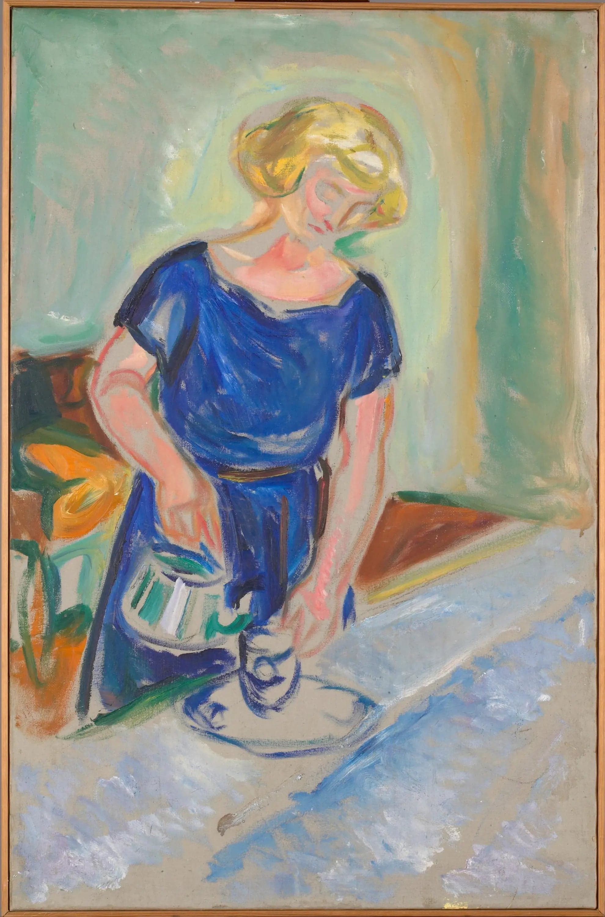 Woman in a Blue Dress Serving Coffee