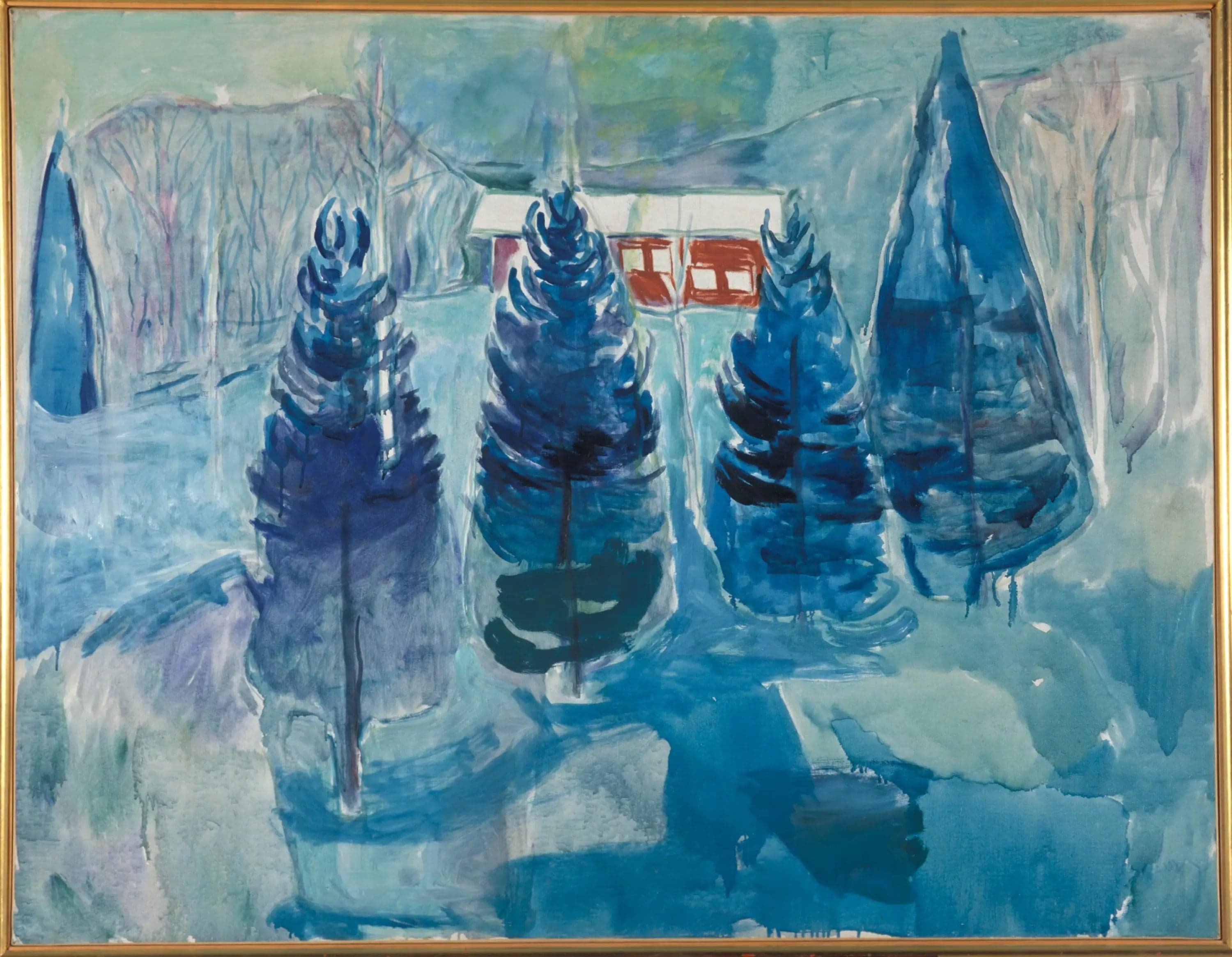 red house and Spruces