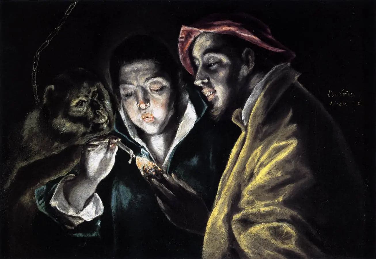 An allegory with a boy lighting a candle in the company of a monkey and a fool