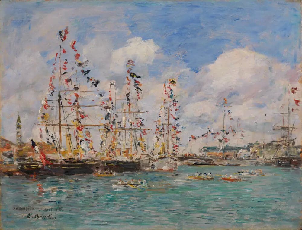 Decorated boats with flags in the port of Deauville