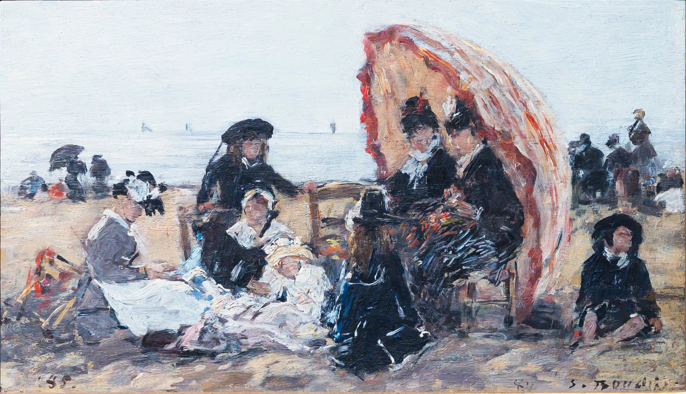 On the Beach at Trouville, Sheltered by the Red Parasol