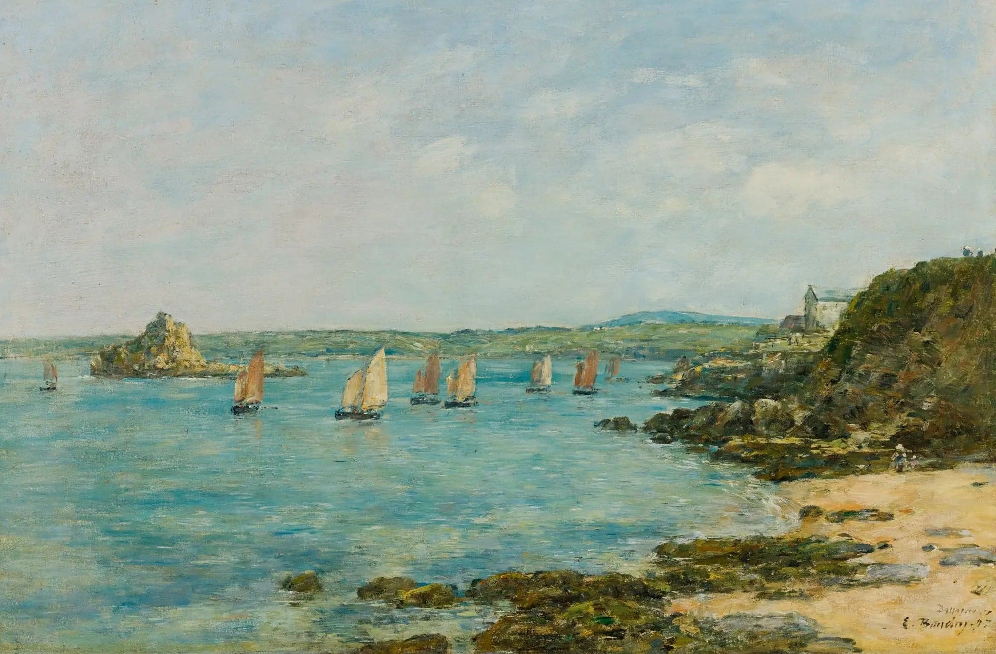 Shore of Douarnenez, fishing boats in the bay