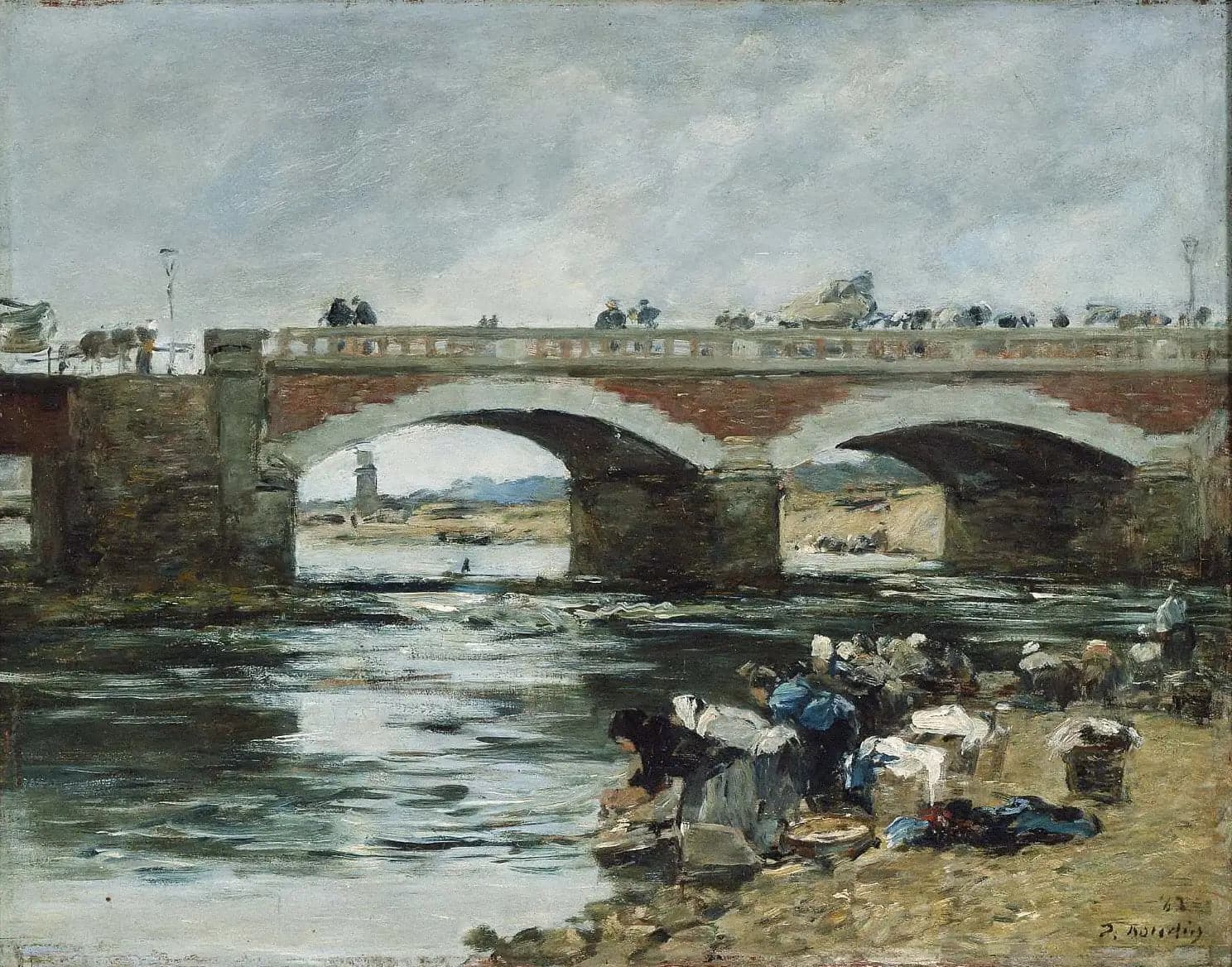 Washerwomen near a bridge