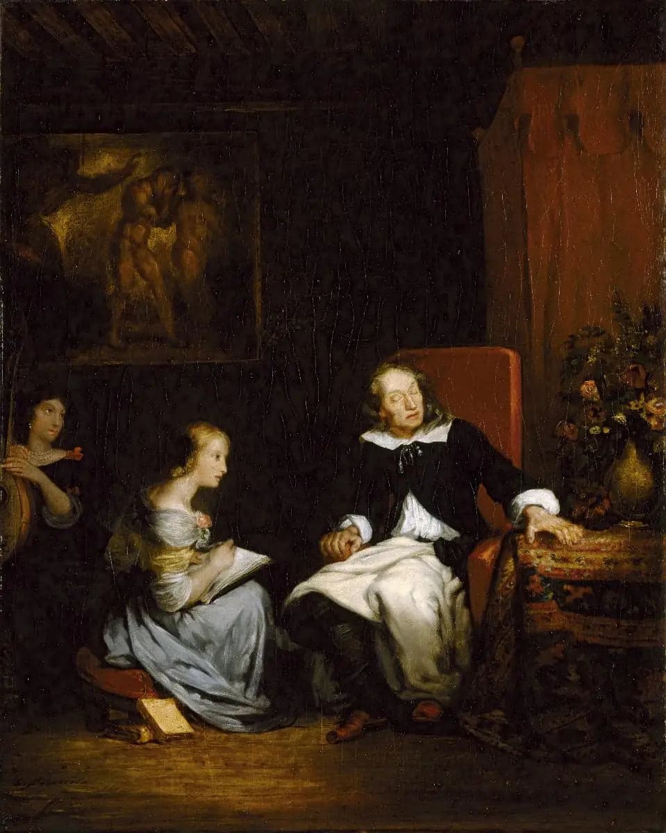 Milton dictating to his daughters his epic poem, "Paradise Lost"