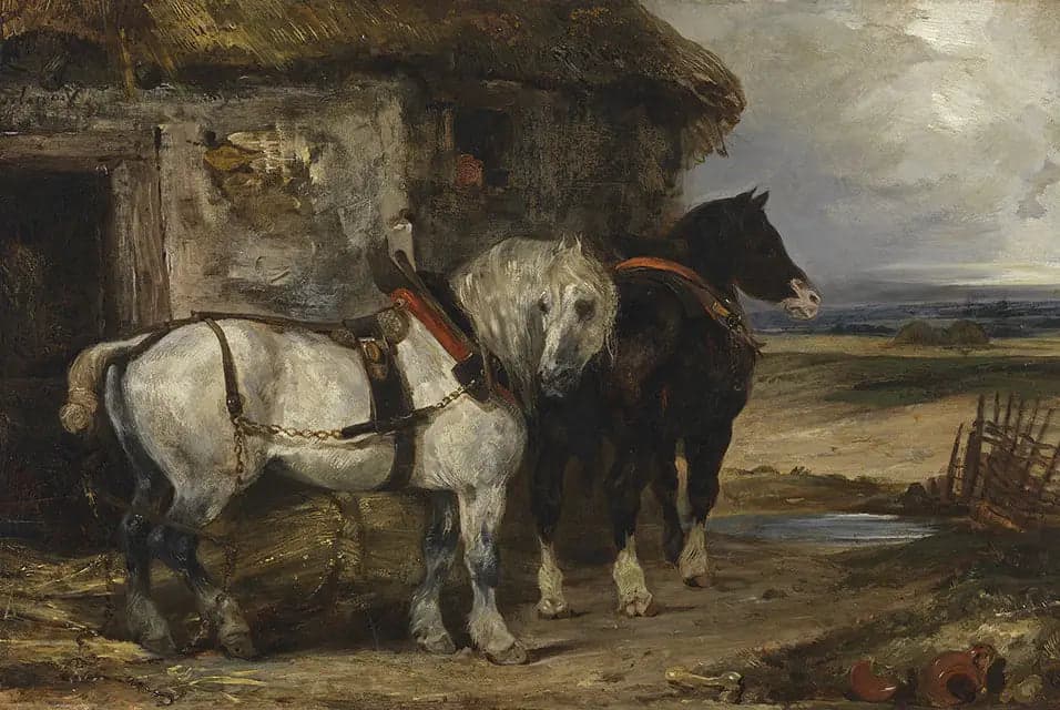 Two Horses in Front of a Barn