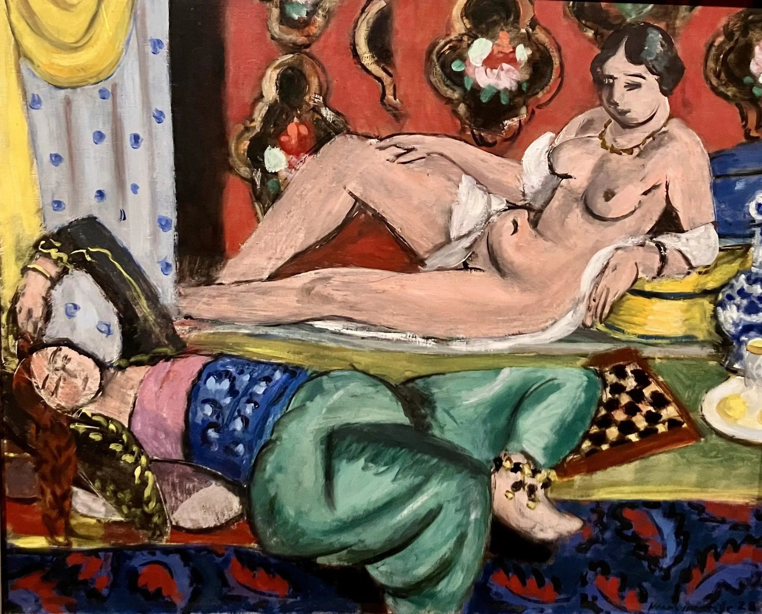 Two Odalisques, one nude, ornamental background and checkerboard
