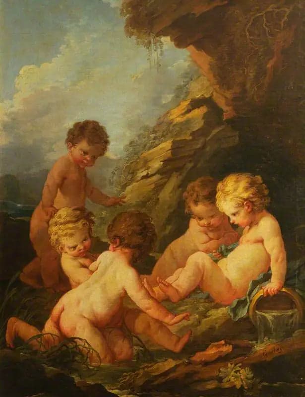 Five naked children playing by a rocky pool