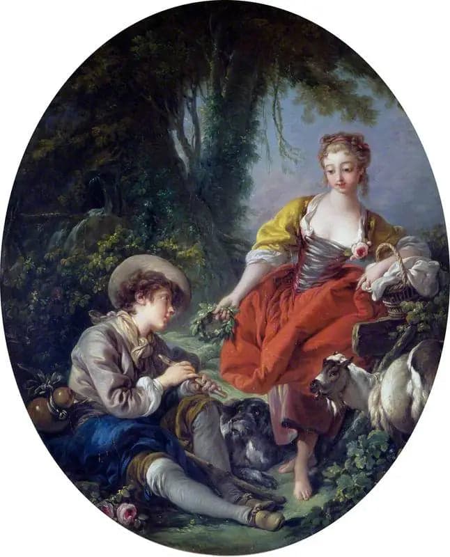 Pastoral scene: shepherd with a pipe and a girl