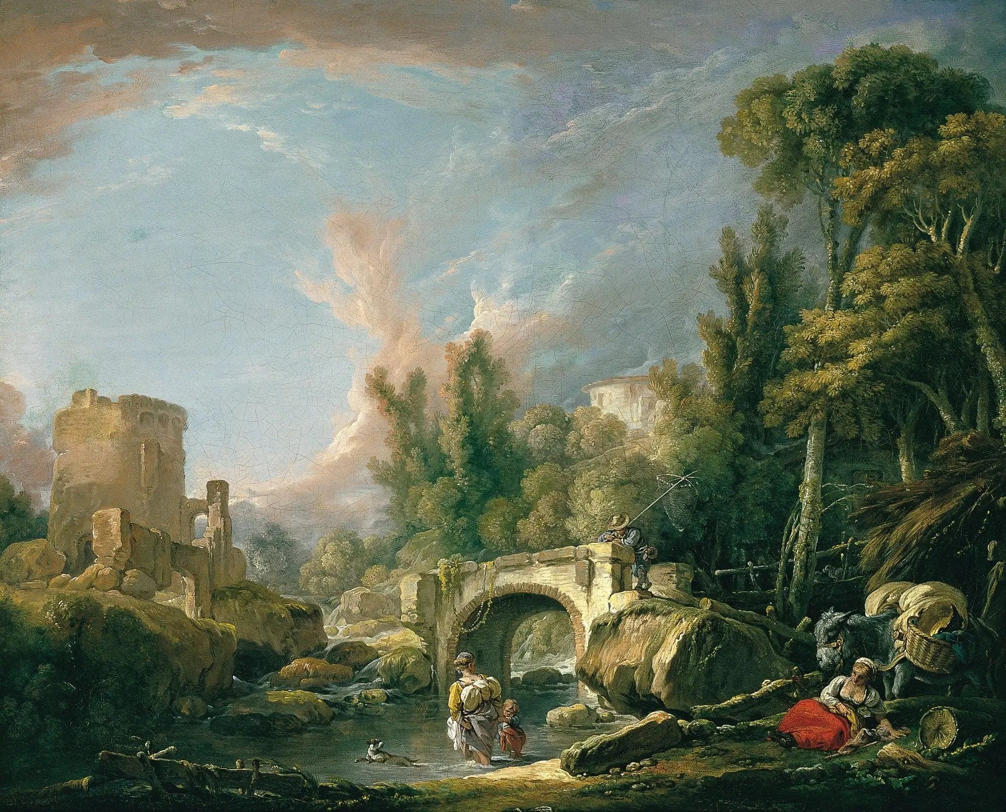 River landscape with ruins and bridge
