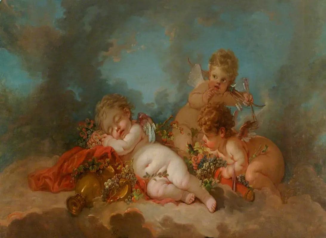Three Cupids floating in the clouds
