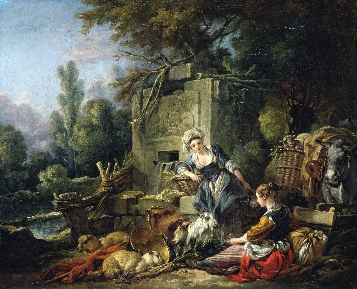 Two peasant women near a rustic fountain
