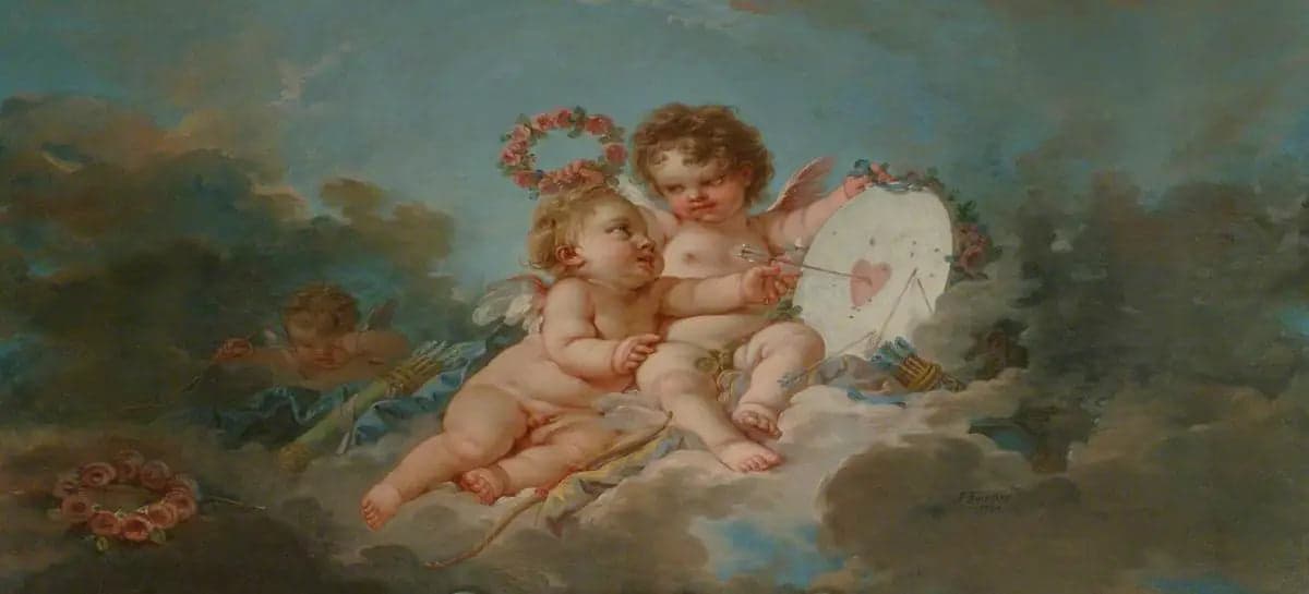 Two putti playing with a « Heartboard »