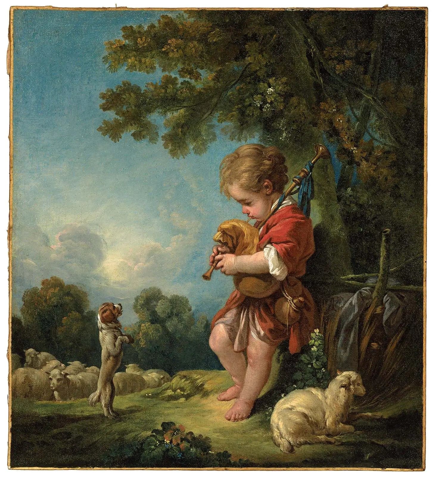 Young shepherd playing the bagpipe