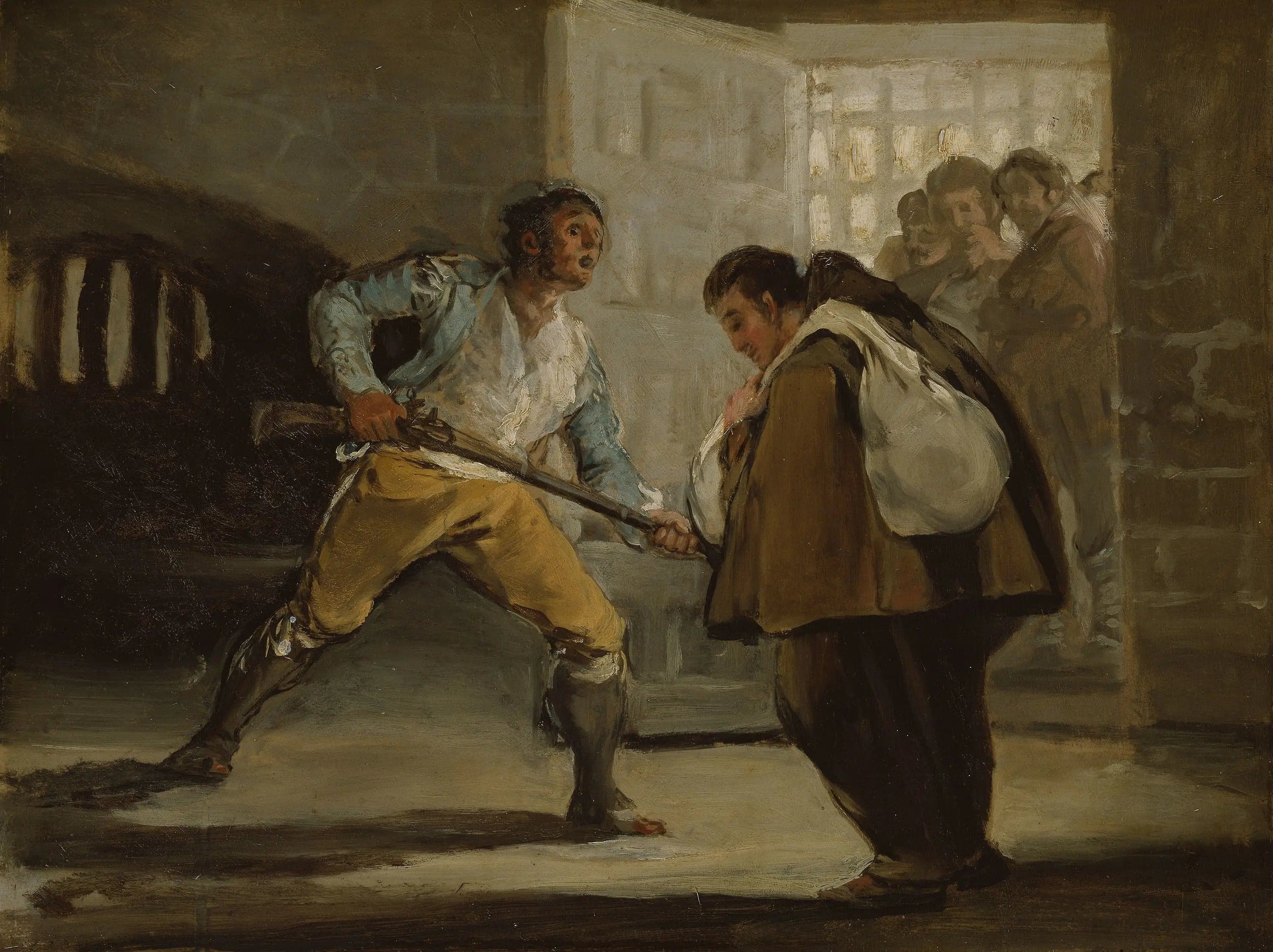 The Maragato threatens Brother Pedro de Zaldivia with his weapon