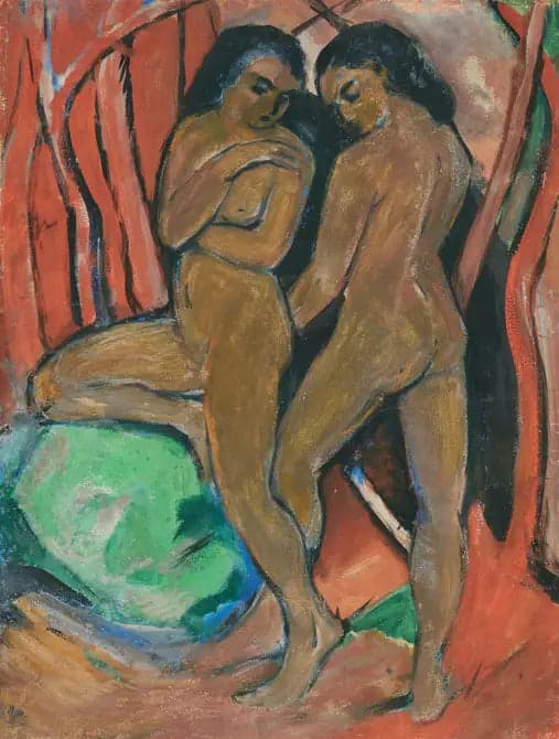 Two naked girls standing with a green stone