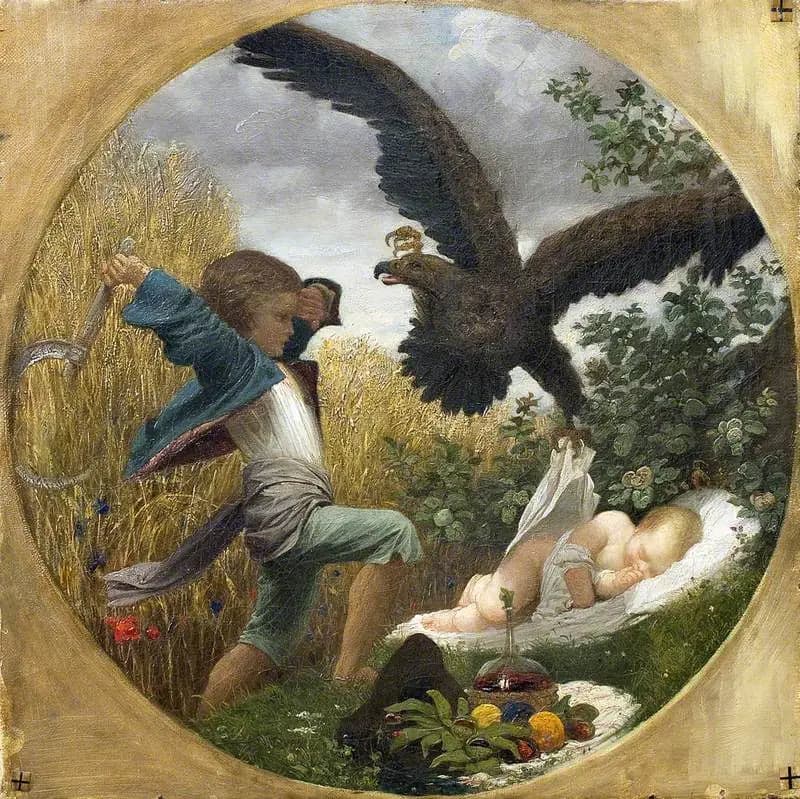 A Boy Defending a Baby from an Eagle