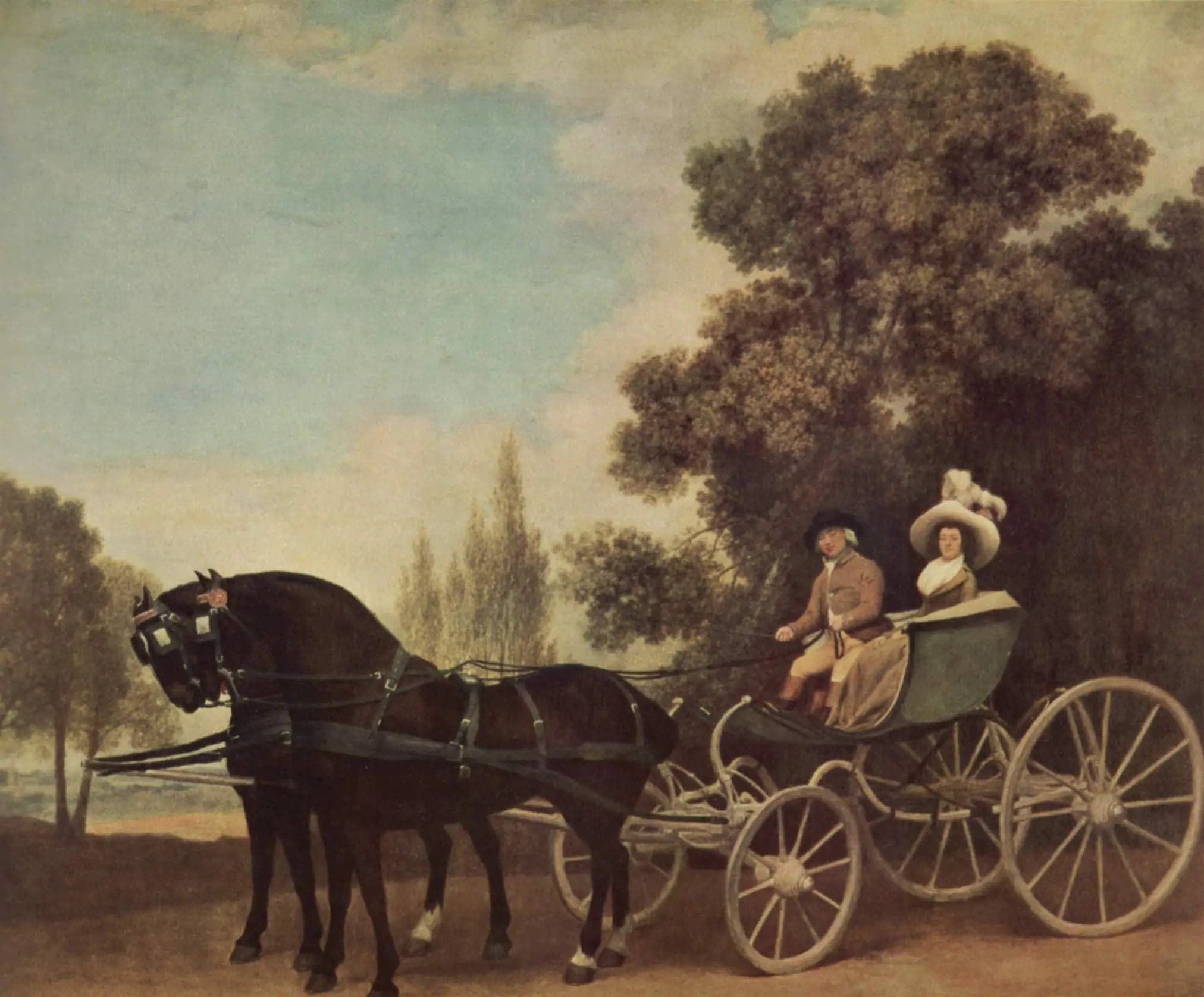 A gentleman driving a lady in a phaéton