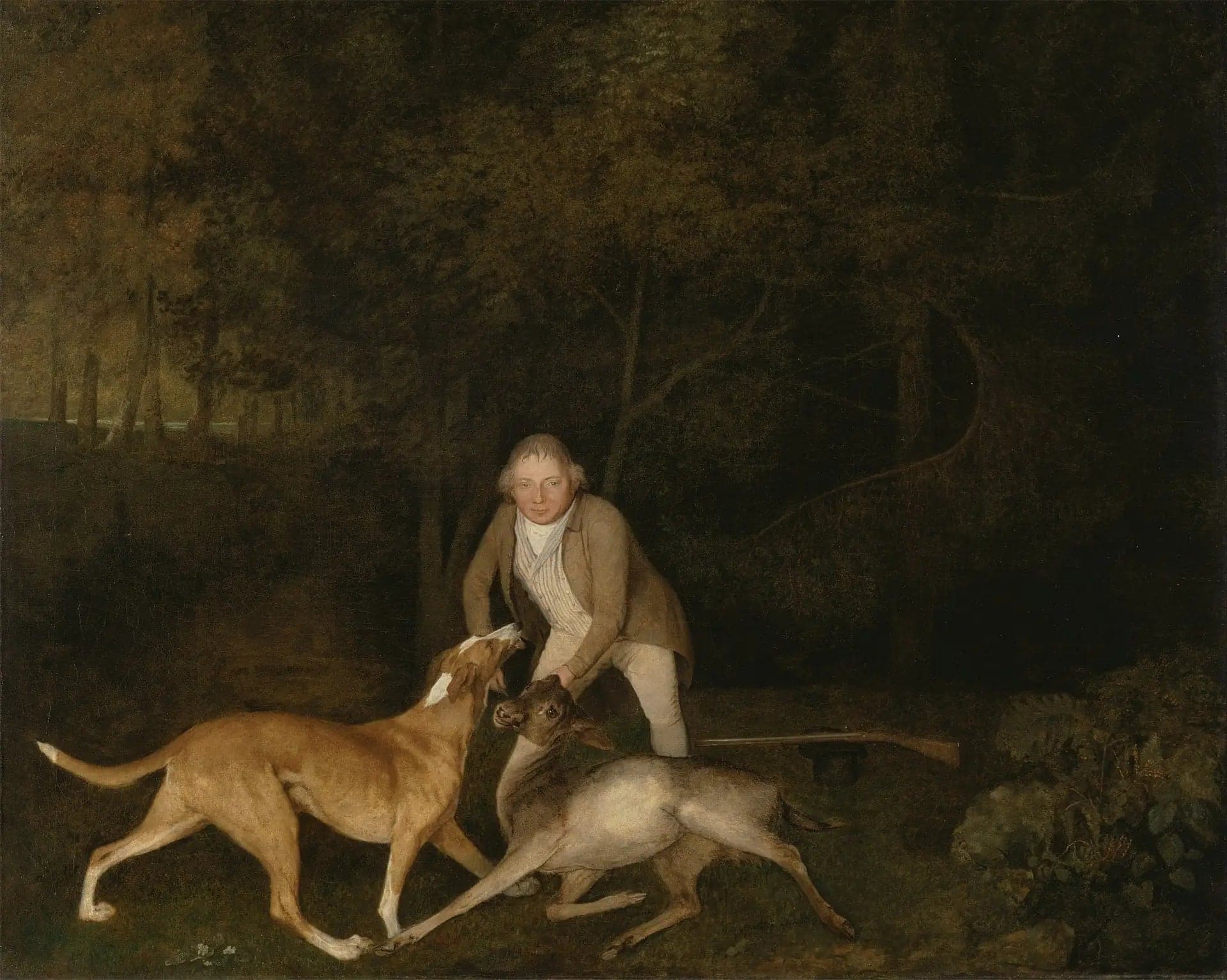 Freeman, the gamekeeper of Count de Clarendon, with a dying doe and a dog
