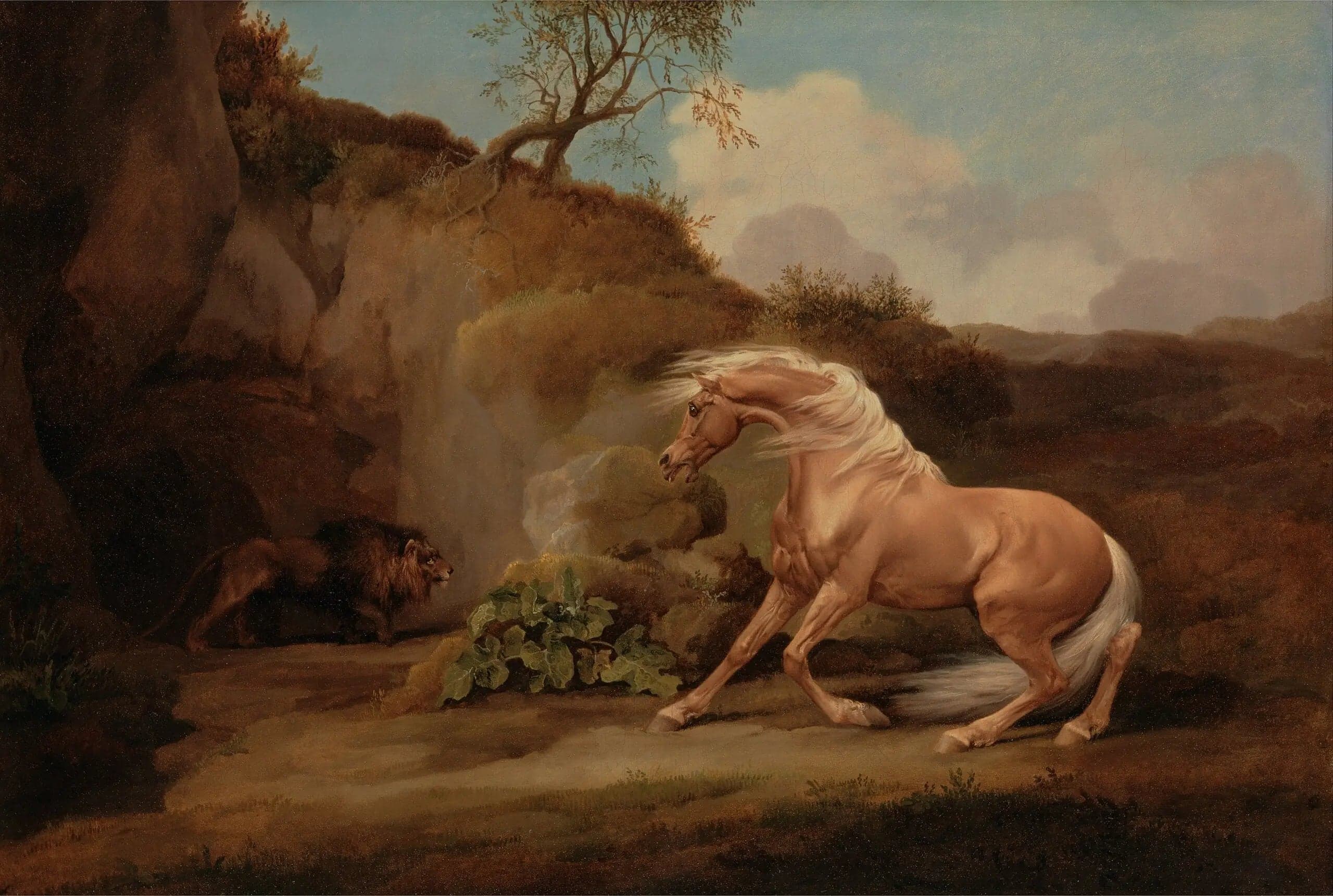 Frightened horse by a lion