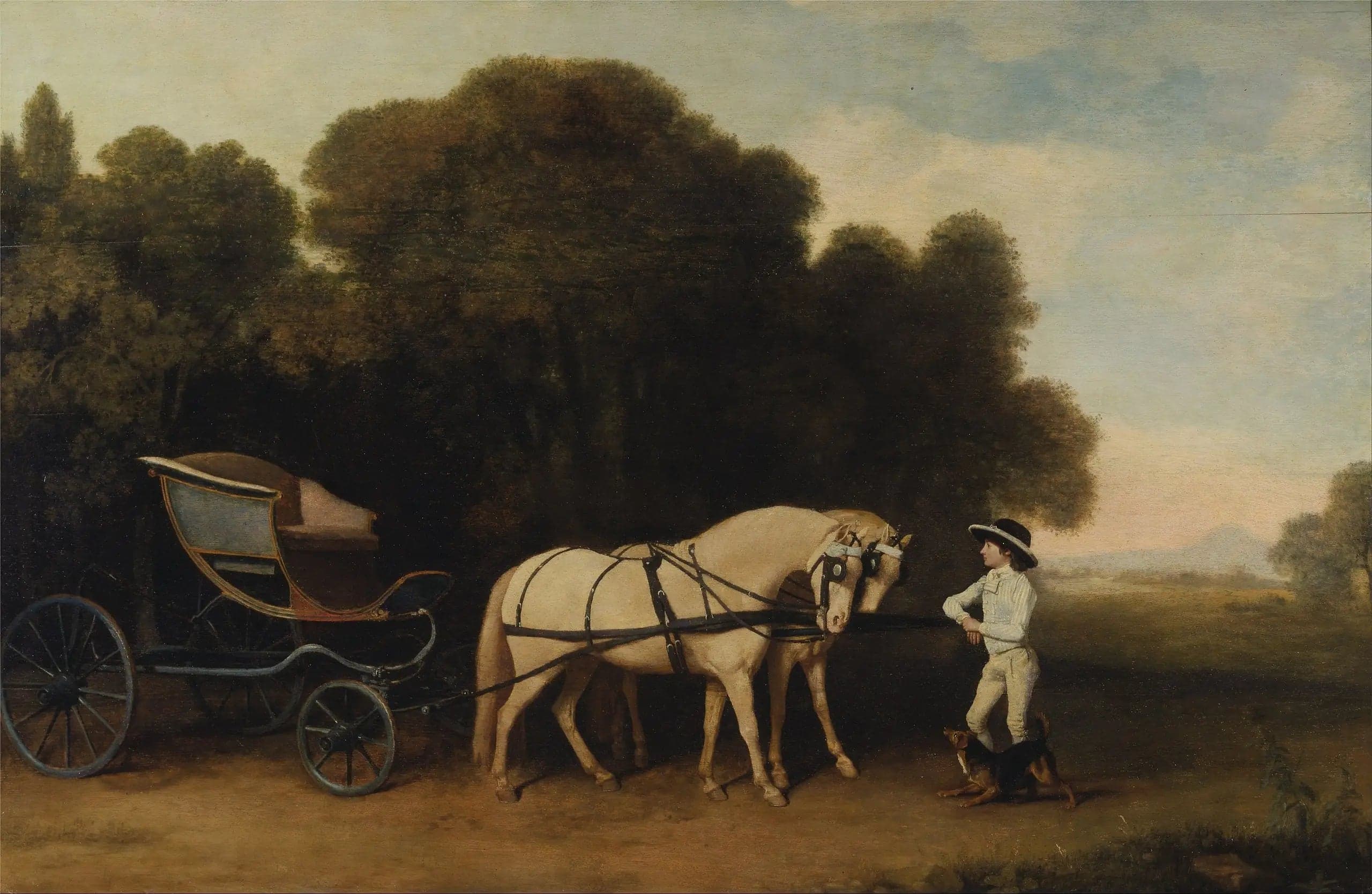 Phaéton with a pair of cream ponies and a stable boy