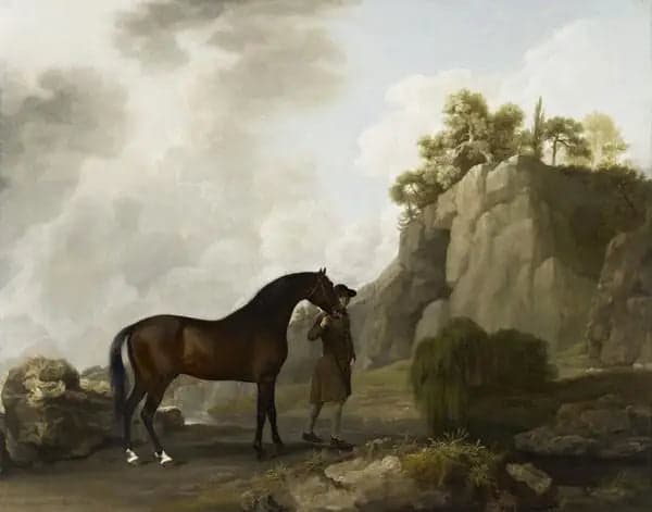 The Arabian stallion of Marquis de Rockingham led by a groom at Creswell Crags