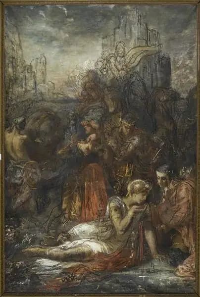 Darius, fleeing after the Battle of Arbelles, stops, exhausted from fatigue, to drink from a pond