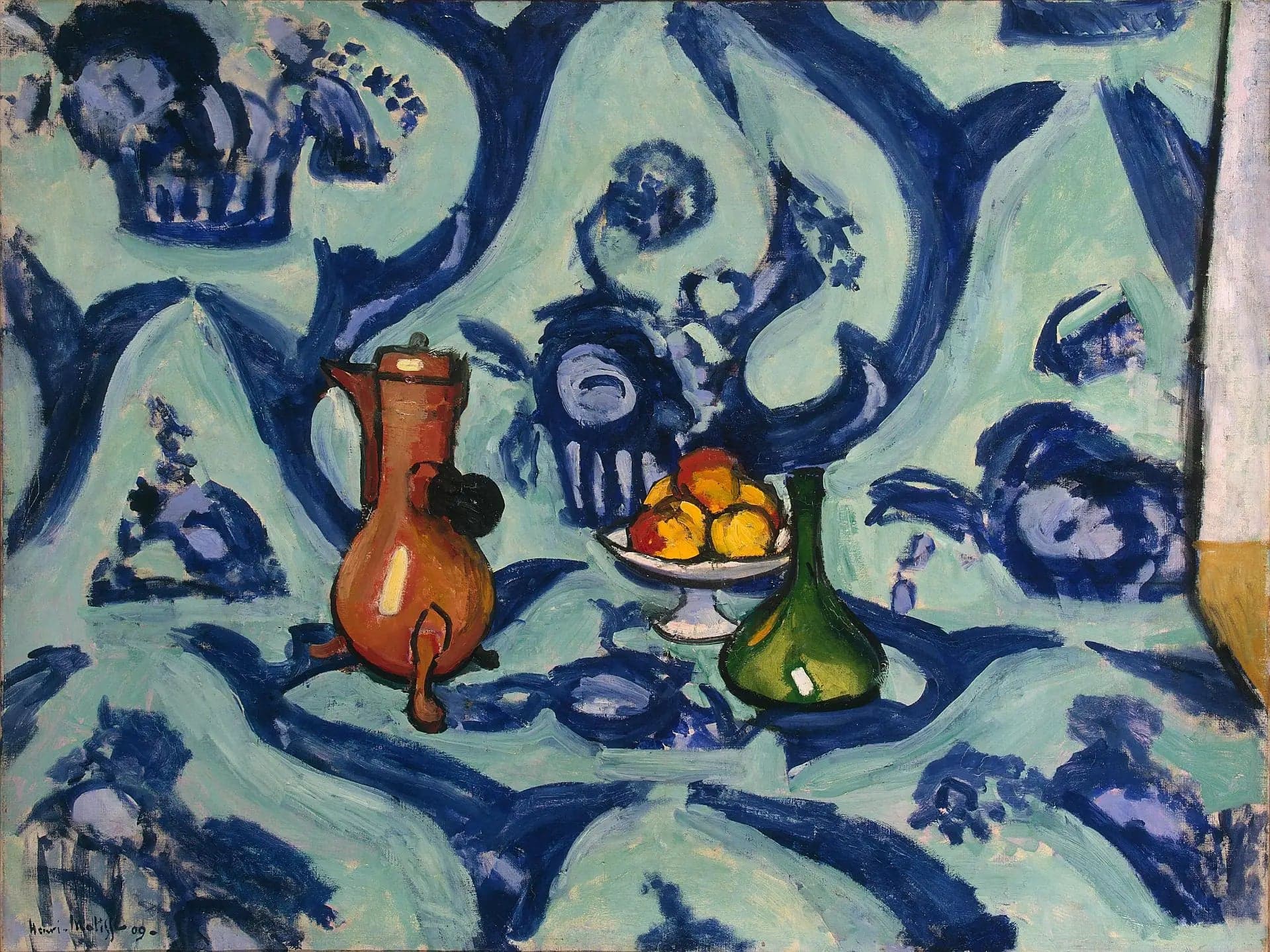 Vase, bottle and fruits