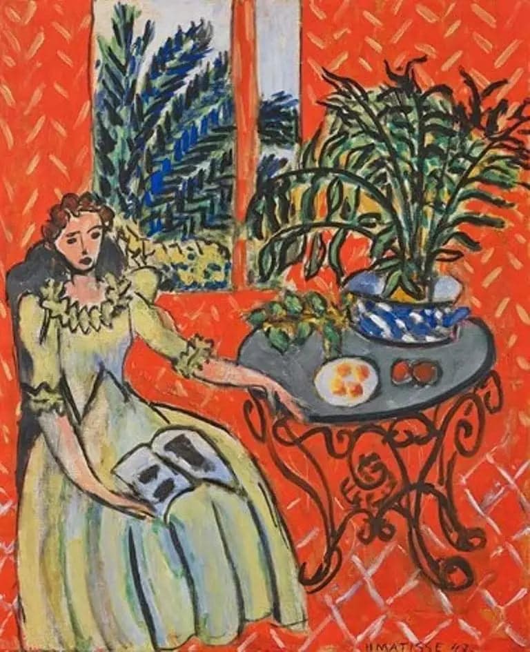 Young Girl in Green in a Red Interior