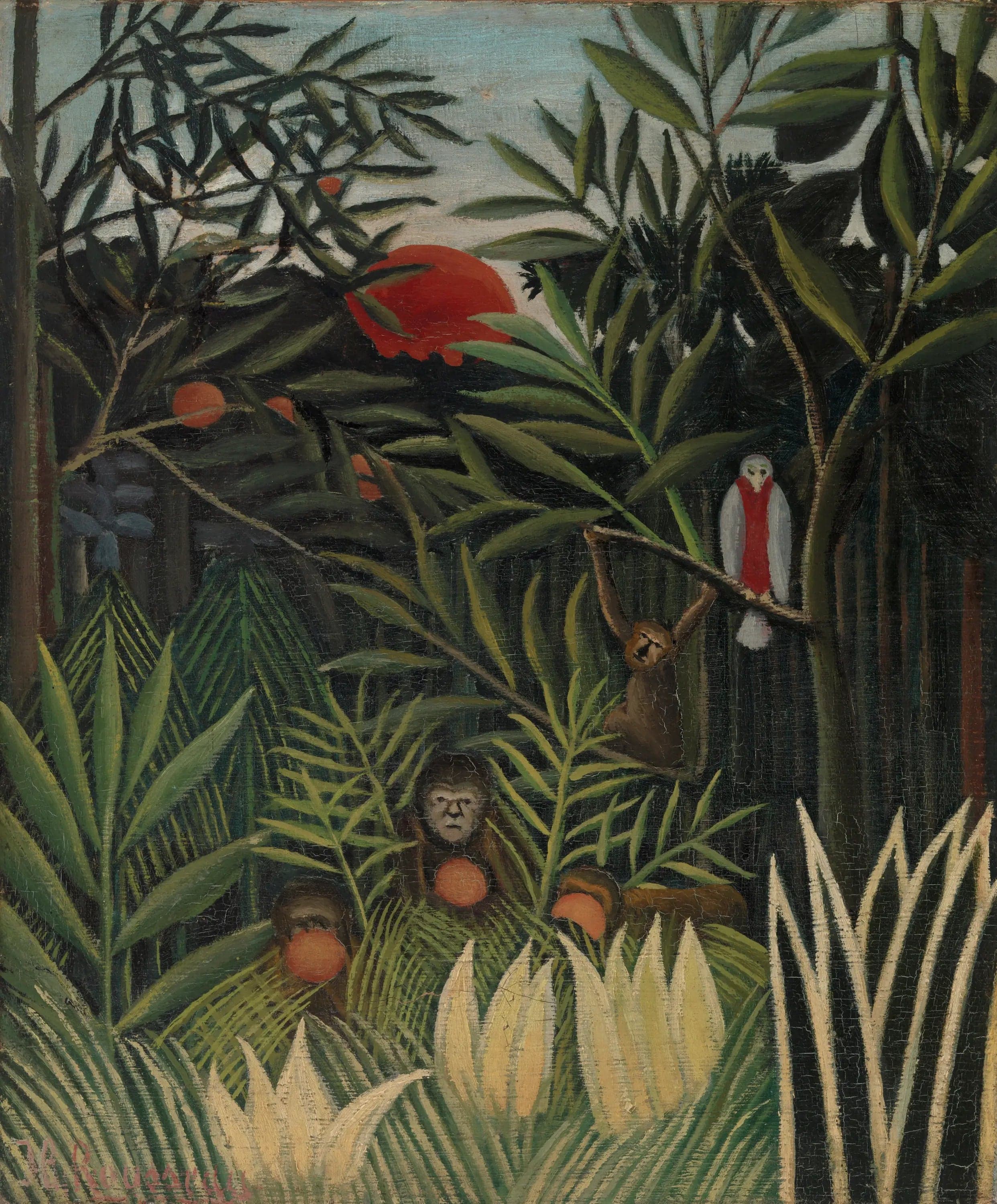 Monkeys and Parrot in the Jungle