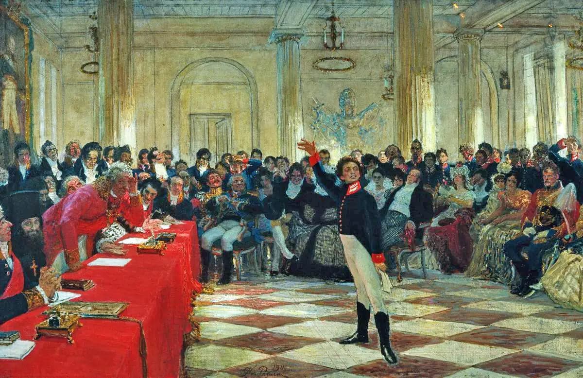 Alexandre Sergueïevitch Pouchkine recites his poem in front of Gavrila Derjavin during the Tsarskoïe Selo lycée exam on January 8, 1815.