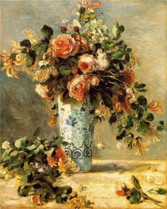 Roses and jasmine in a Delft vase - Pierre