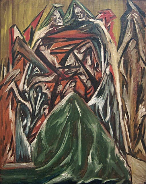 Personnage agenouillé devant une arche ornée de crânes