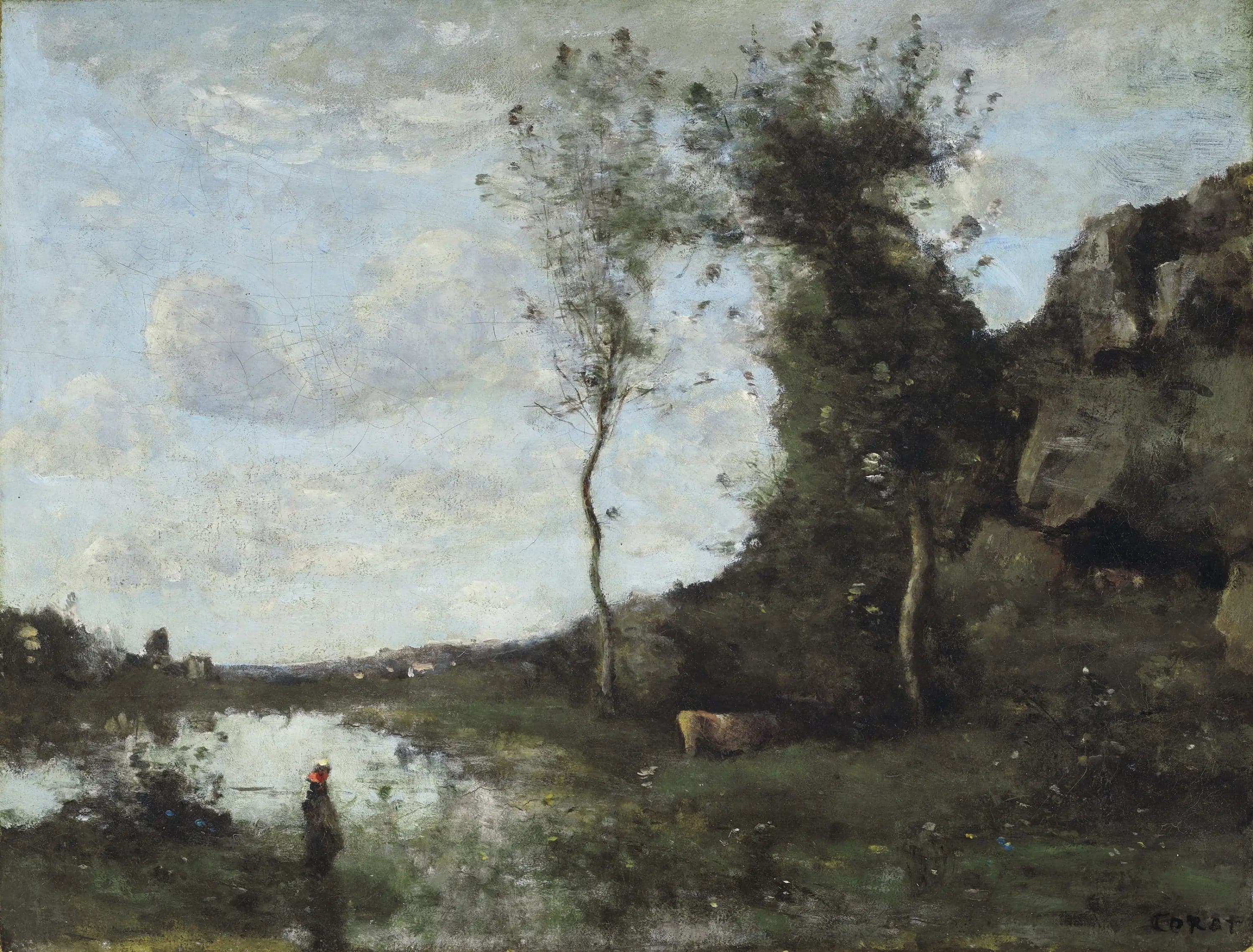 A peasant woman and her cow at the pond overlooking a village - Jean