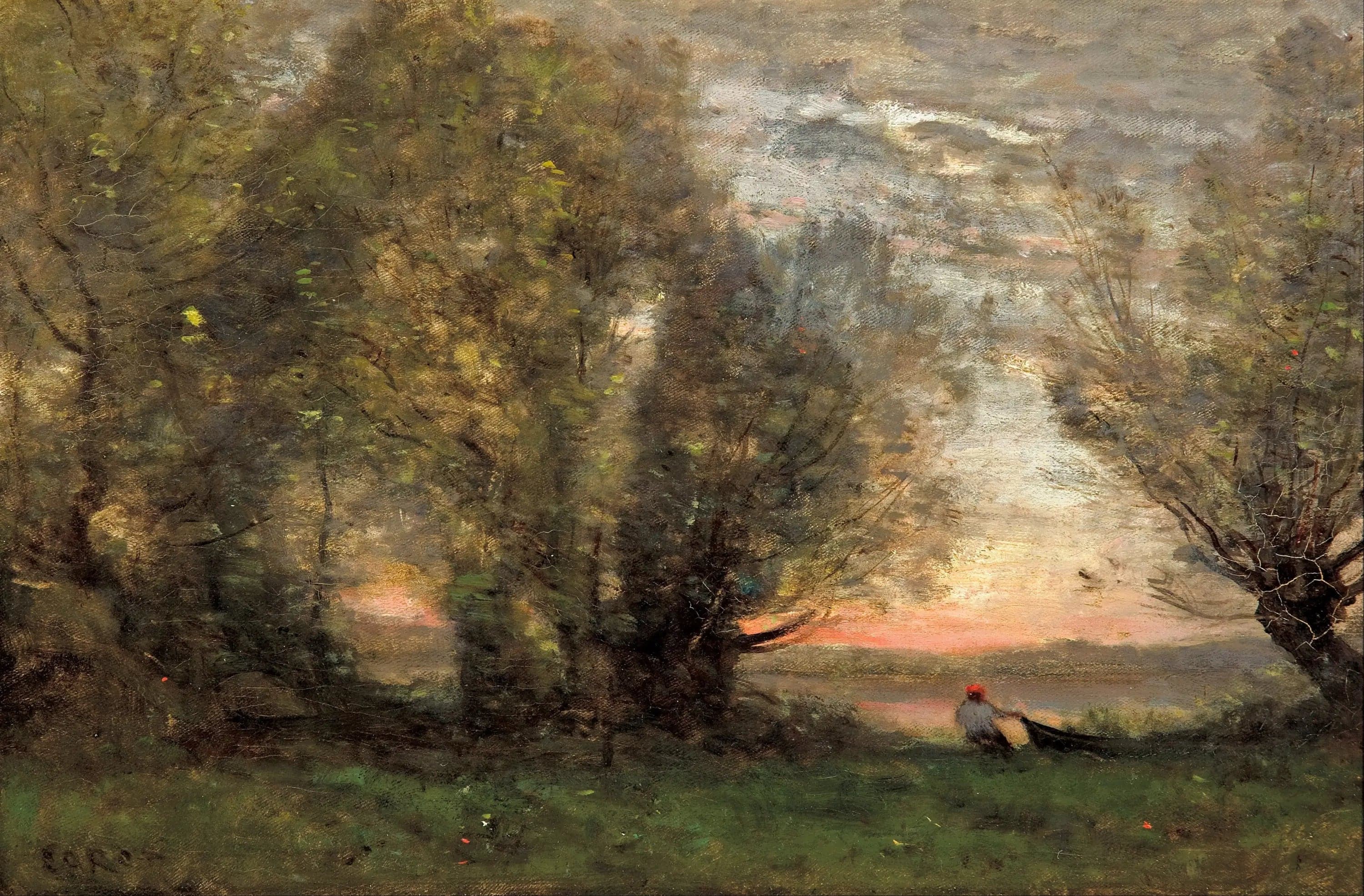 Fisherman pulling his boat near an old willow, evening effect - Jean