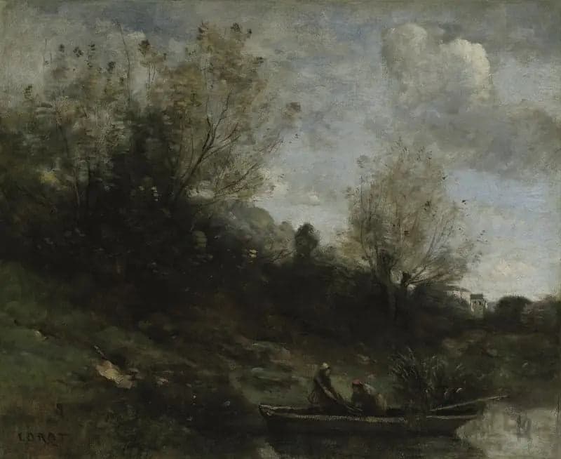 Fishermen in a Boat by the Riverbank - Jean