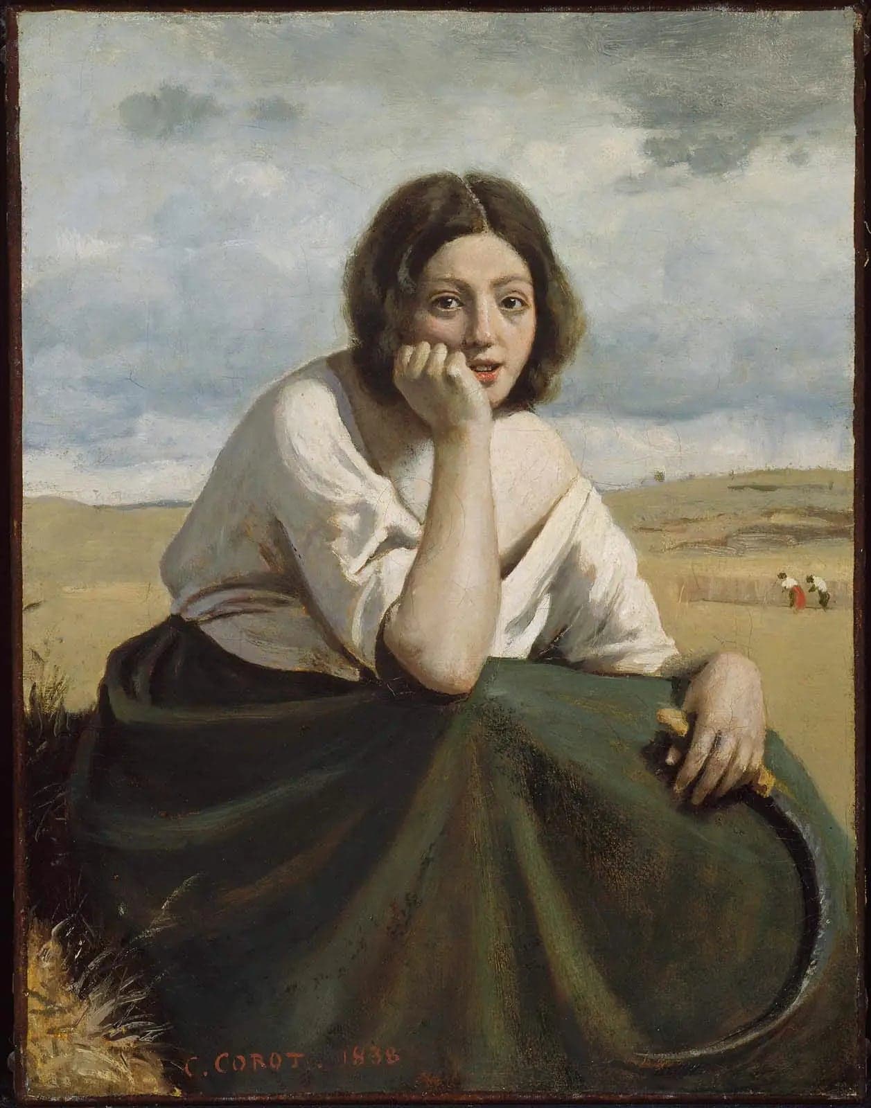 Harvesting machine holding its sickle, head resting on hand - Jean