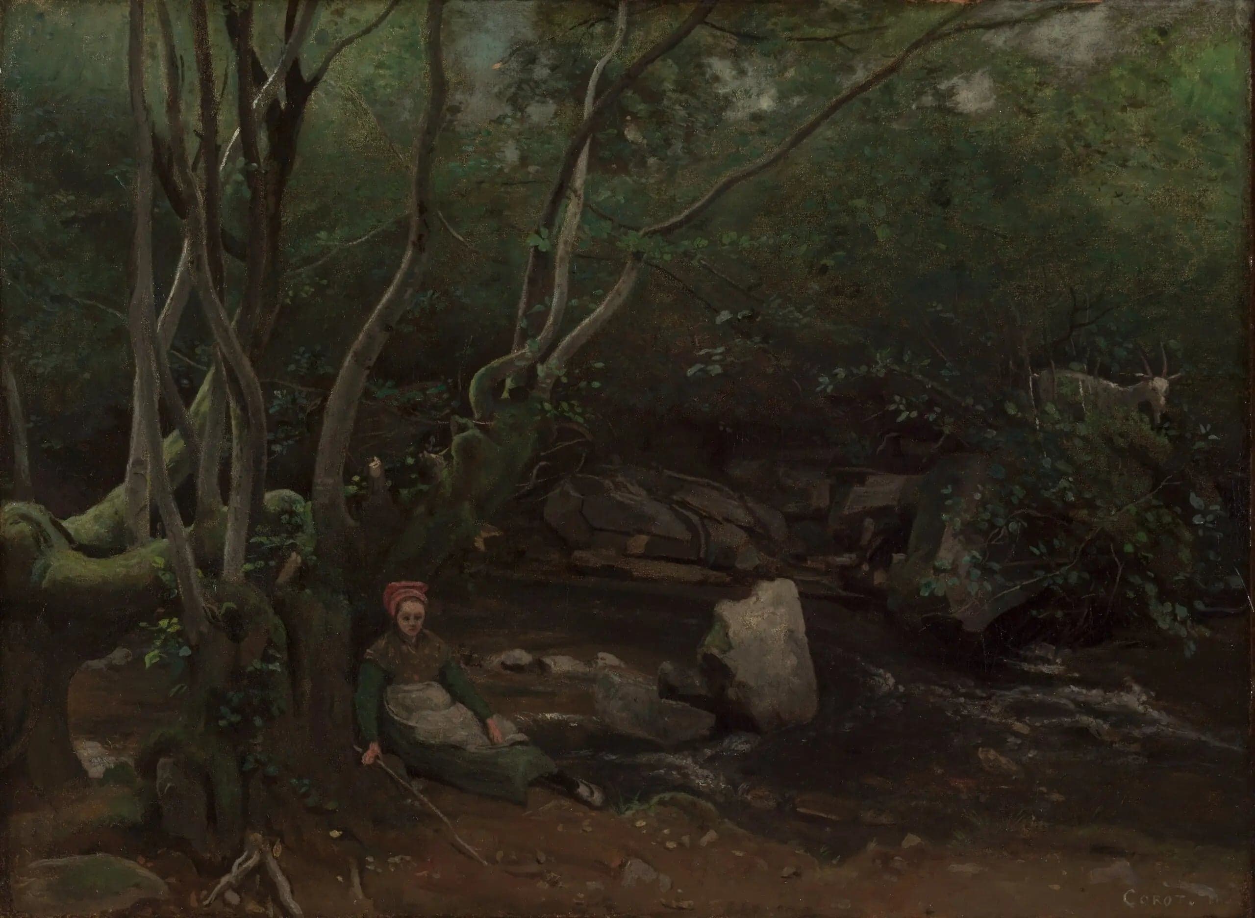 Lormes, A goat herder sitting by a stream in the woods - Jean