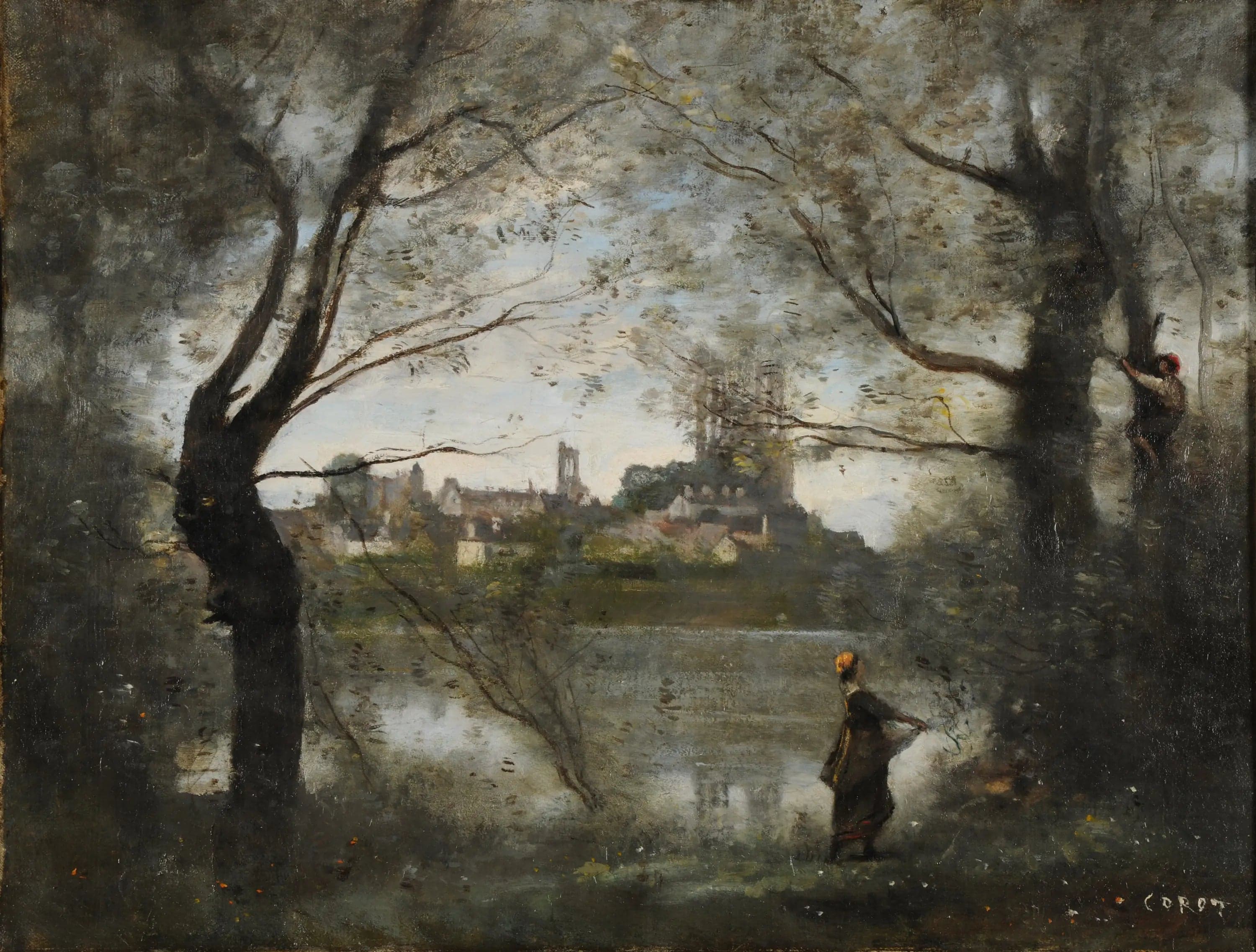 Mantes, the Cathedral and the City seen through the trees, in the evening - Jean