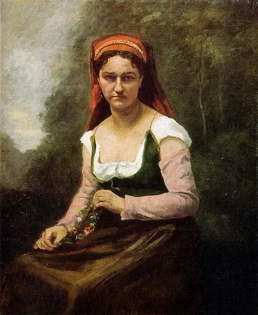 Peasant Woman Sitting in the Greenery, Holding a Garland of Flowers - Jean