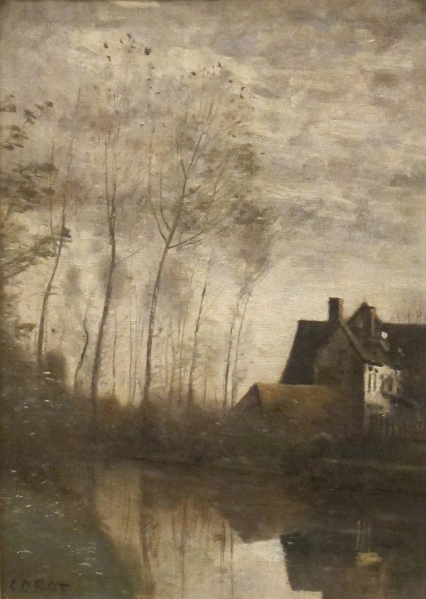 River Scene with Houses and Poplars - Jean