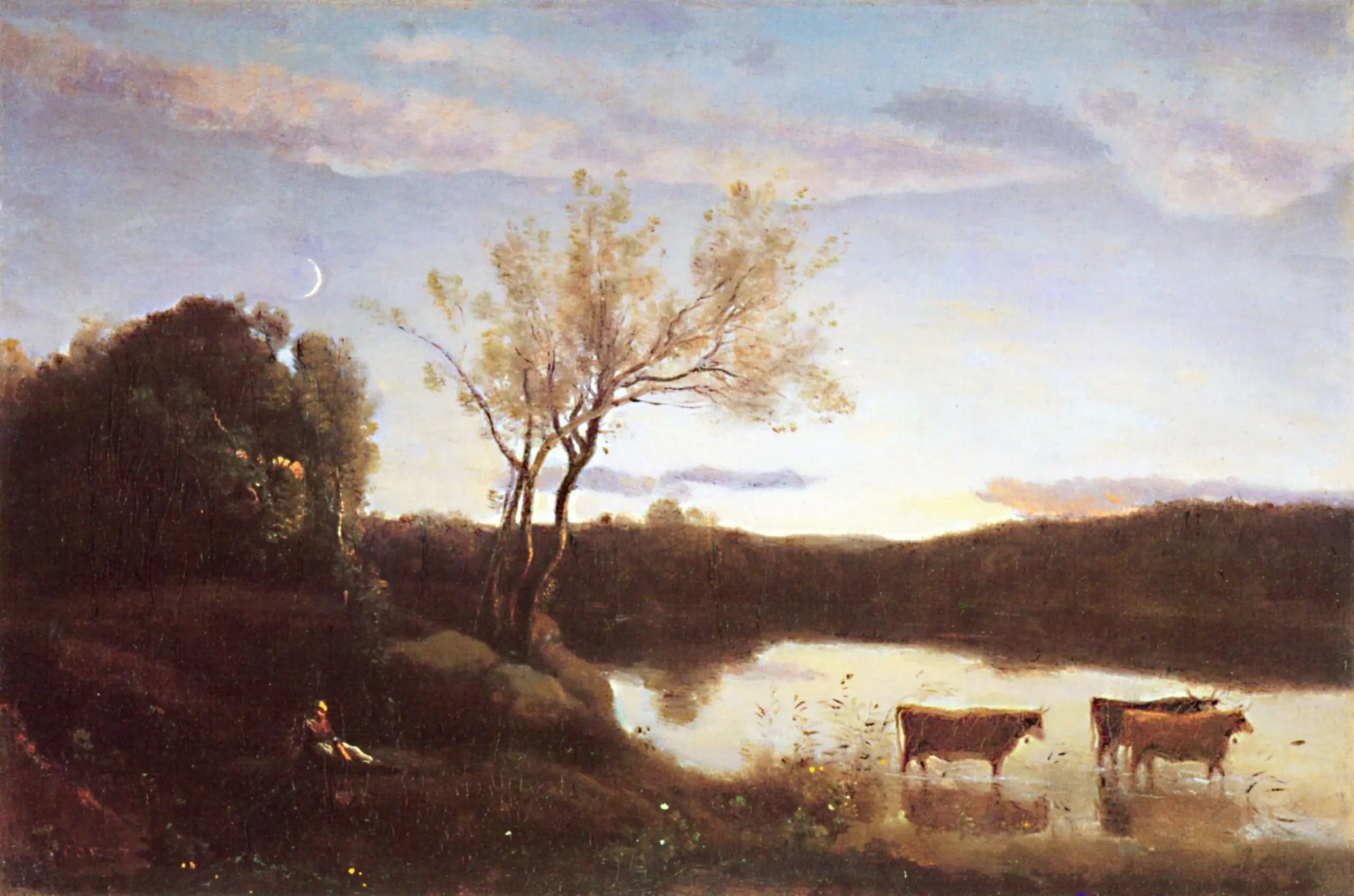 The Pond with Three Cows and the Crescent Moon - Jean