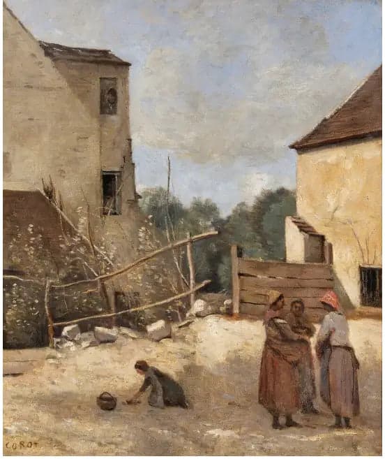 Three peasant women talking in a rustic courtyard - Jean