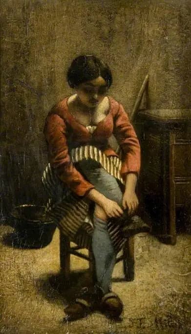 A woman adjusting her stocking - Jean