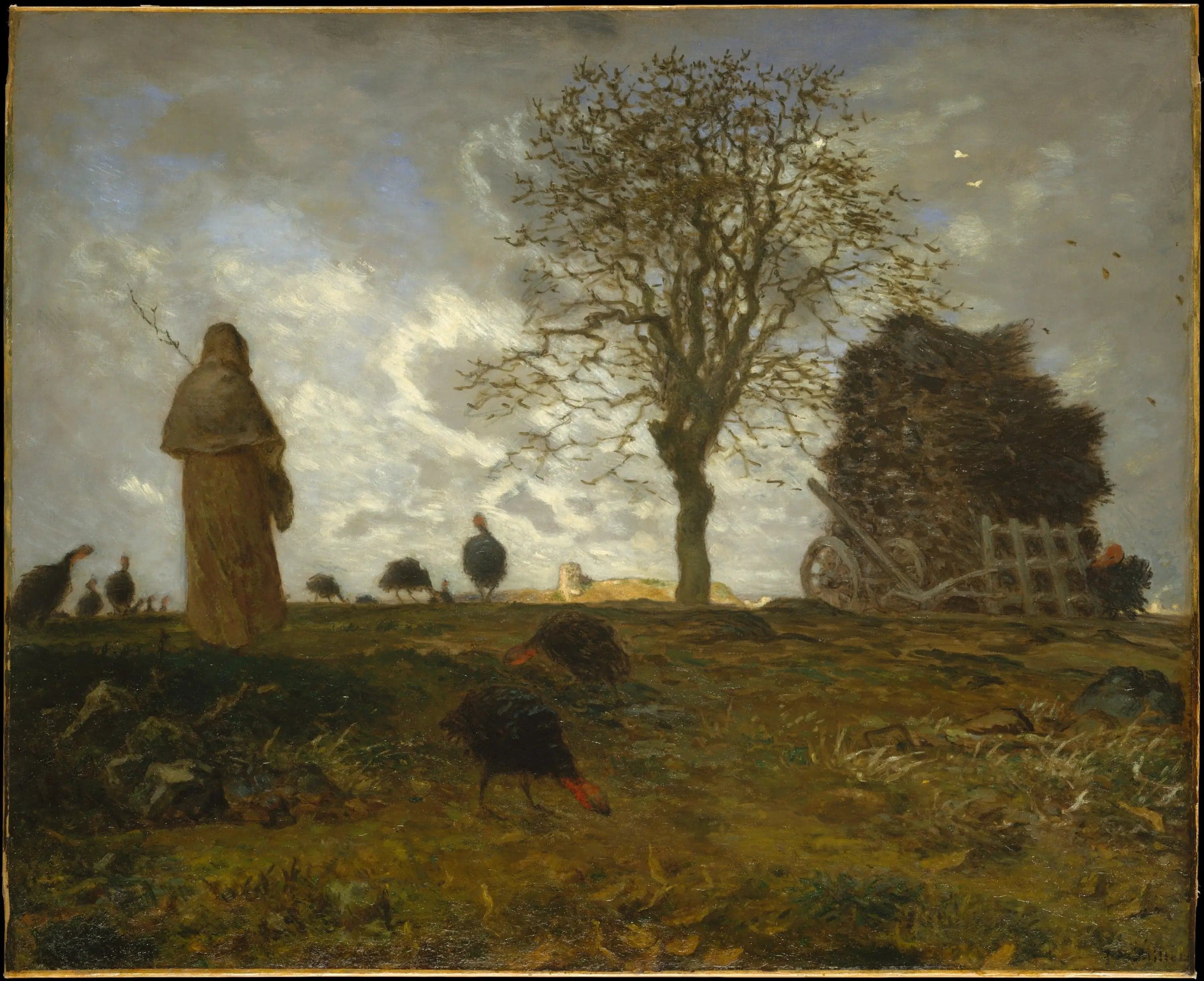Autumn landscape with a flock of turkeys - Jean